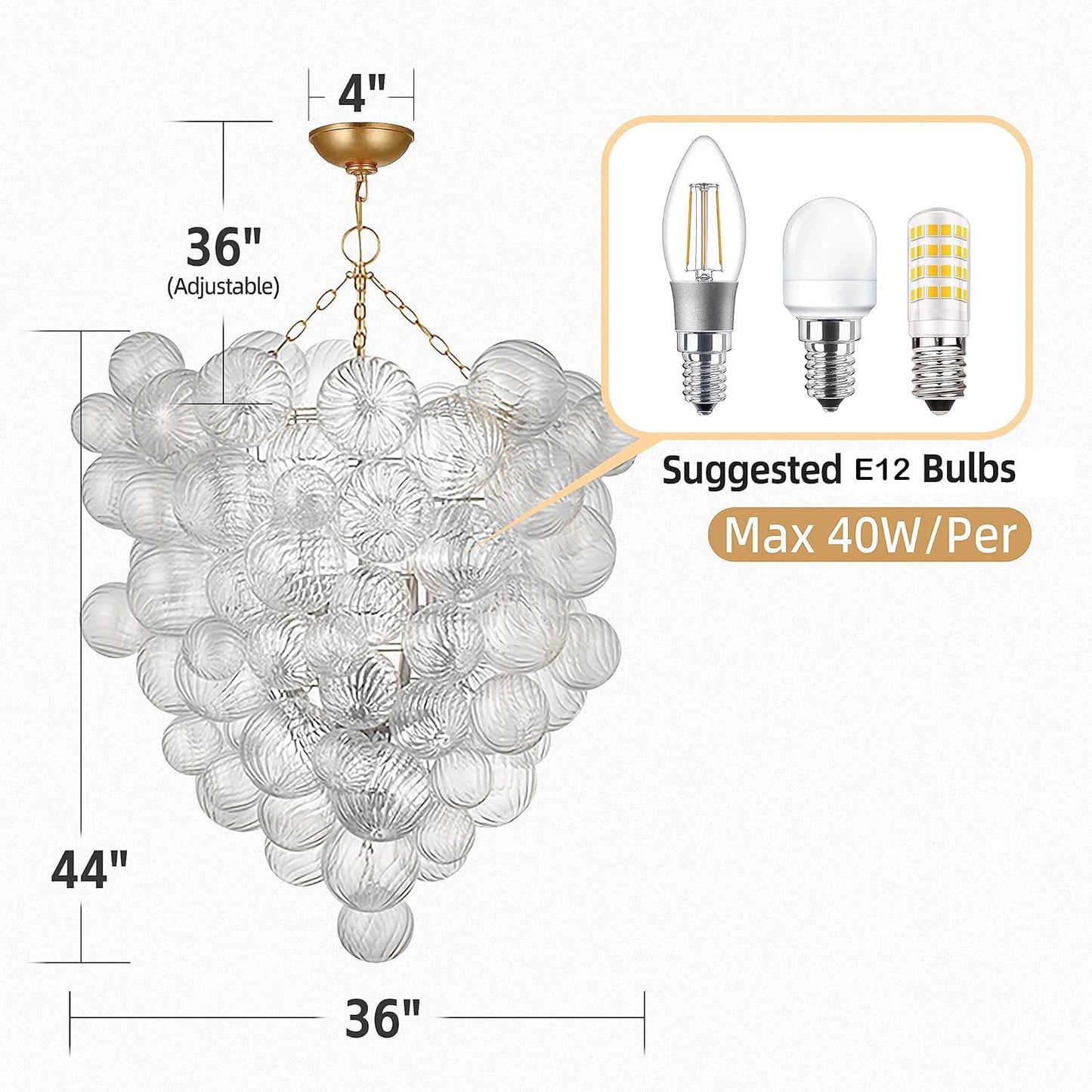 Mid Century Bubble Ball Swirled Glass Chandelier, 36 in. 2-Layer Cages Gild Gold and Clear Blown Glass Large Cluster Bbble Pendant Light Fixture for Bedroom Restaurant Dining Room