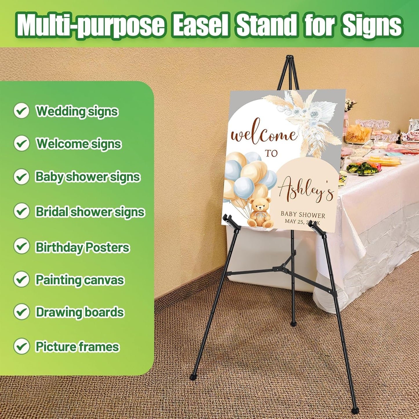 3Pcs Easel Stand for Sign - 63" Display Easel for Wedding Sign Stand Poster Stand, Lightweight Poster Easel for Painting, Folding Portable Easel Stand with Carrying Bag, Black