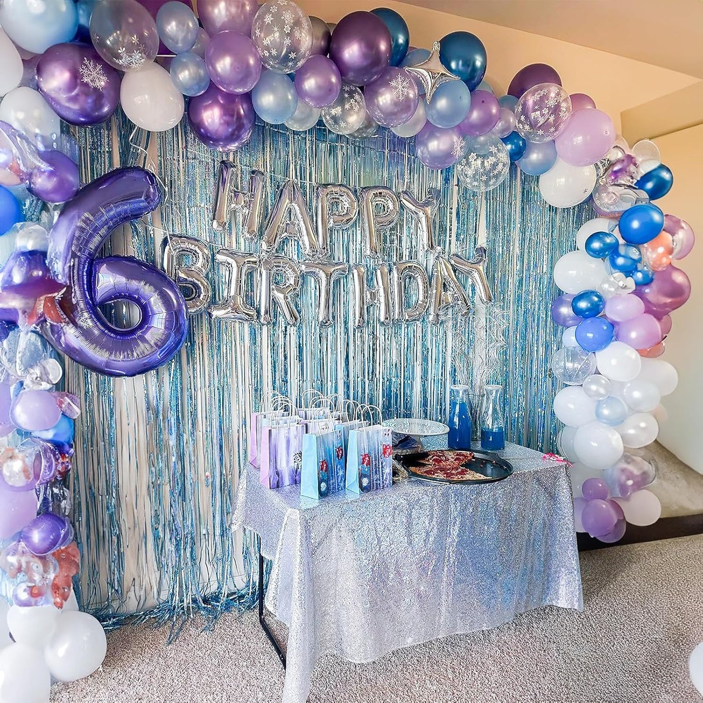 Blue Purple Snowflake Balloons Set, 12 Inch Metallic Blue Purple Balloon Snowflake Confetti Latex Balloons Metallic Silver Girls Birthday Party Decoration for Children Winter Birthday Party Supplies