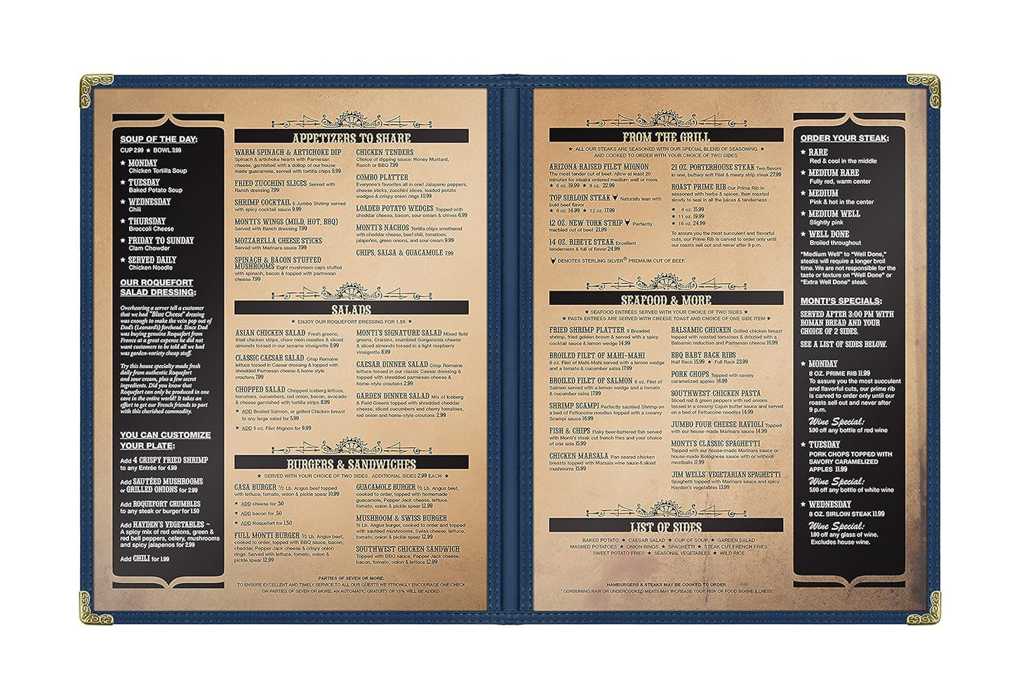 Goodsmart Restaurant Menu Covers - 25 Pack Blue 8.5" x 11", 2-Page/4-View, Side-Loading Vinyl Menu Holders, Clear Sleeves, Double-Stitched Edge, Leather-Style Café Menu Covers with Gold Corners