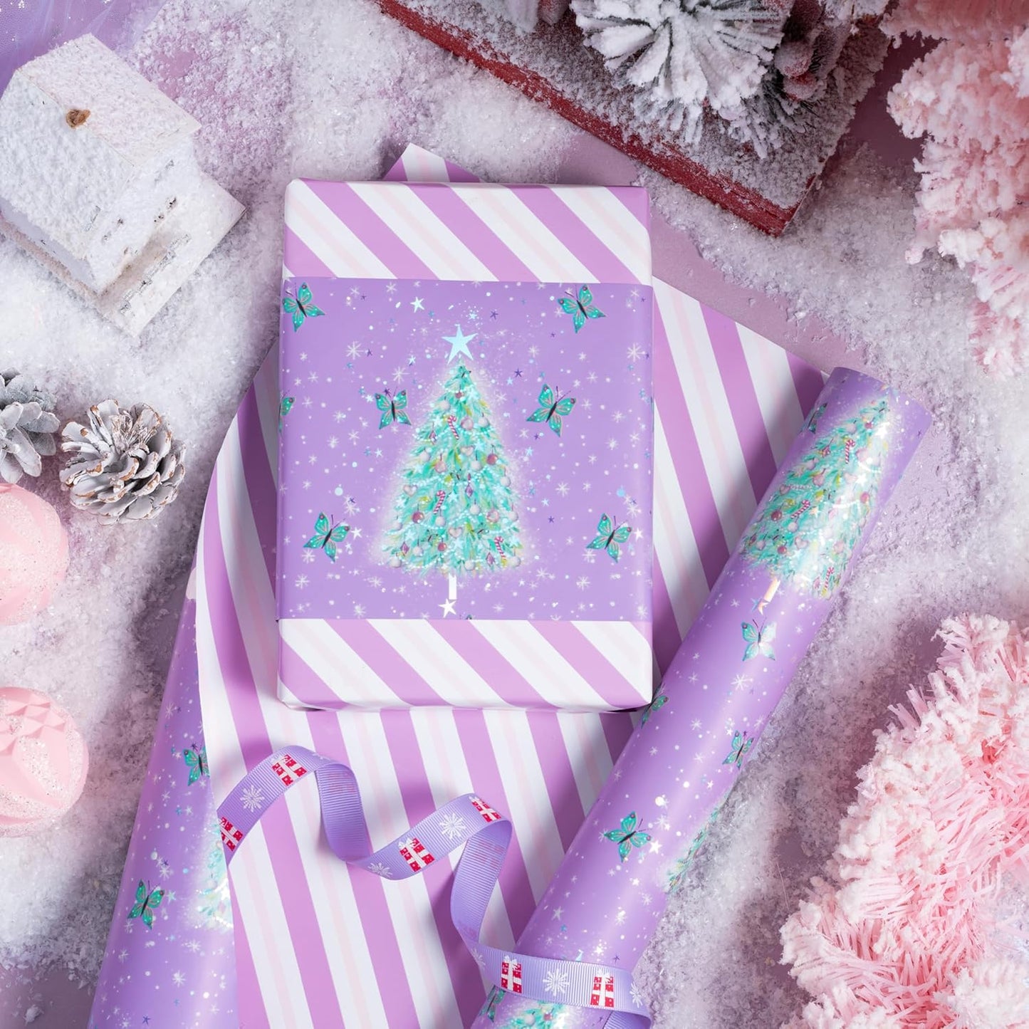 LeZakaa Christmas Purple Wrapping Paper Mini Roll, Christmas Tree Butterfly, Pink Purple Stripe Reversible Design for Winter Holiday Family Gathering, 17 inches x 32.8 Feet