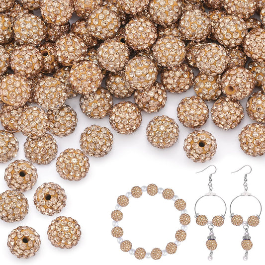 150 pcs 10mm Rhinestone Beads for Jewelry Making, Light Brown Shiny Round Shamballa Disco Beads Bulk, Sparkle Crystal Clay Christmas for Bracelet Baseball Necklace Earring Crafting and DIY
