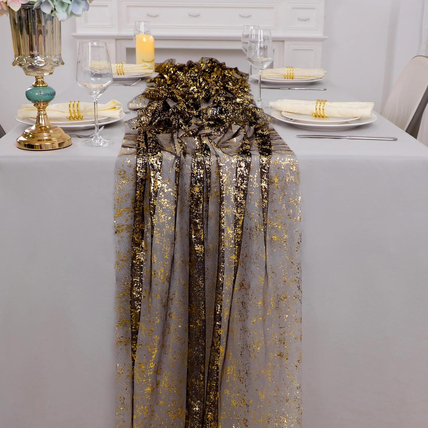 Snowkingdom 10 Pcs Black & Gold Cheesecloth Table Runner 10 FT, Sheer Chiffon Sparkle Gauze Mesh Runners 120 Inch, Glitter Table Centerpieces Decoration for Birthday Party Wedding Christmas Halloween