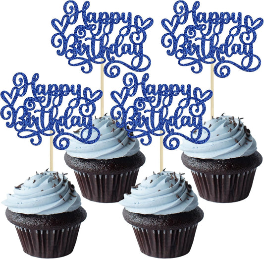 Gyufise 24Pcs Happy Birthday Cupcake Toppers Glitter Happy Birthday Cupcake Picks for Celebrating Happy Birthday Party Decor Anniversary Theme Party Cake Decorations Supplies Dark Blue