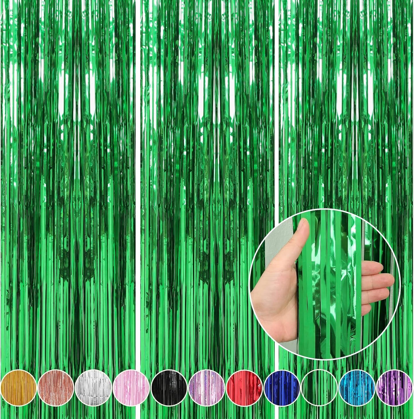 Crosize 3 Pack 3.3 x 9.9 ft Green Foil Fringe Backdrop Curtain, Streamer Backdrop Curtains, Streamers Birthday Party Decorations, Tinsel Curtain for Parties, Galentines Decor, Preppy, Photo Booth