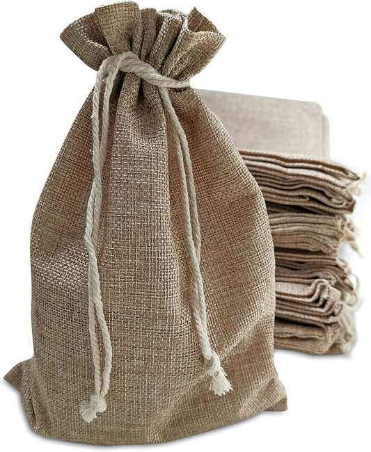 50 Burlap Bags with Drawstring, 7x10 Inch Rustic Gift Bag Bulk Pack for Mugs, Mason Jars, Christmas, Advent, Holiday Gift Bags, Wedding and Birthday Party Favor Bags, Grocery, Gift Wrap and Treat Pouches