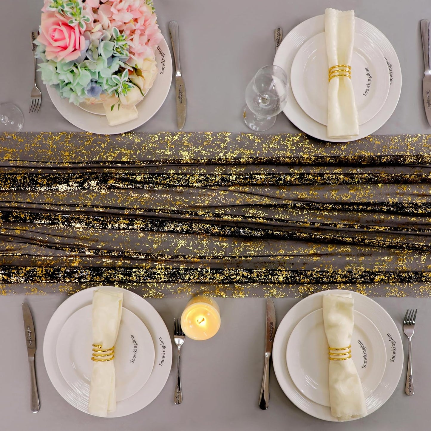 Snowkingdom 10 Pcs Black & Gold Cheesecloth Table Runner 10 FT, Sheer Chiffon Sparkle Gauze Mesh Runners 120 Inch, Glitter Table Centerpieces Decoration for Birthday Party Wedding Christmas Halloween
