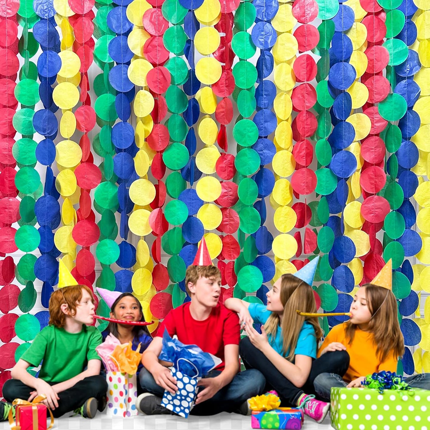 205Ft Super Mario Party Decorations Red Green Blue Yellow Big Polka Dot Tissue Paper Backdrop Streamer Circle Dot Hanging Garland for Birthday Baby Shower Carnival Circus Clown Fiesta Colorful Party