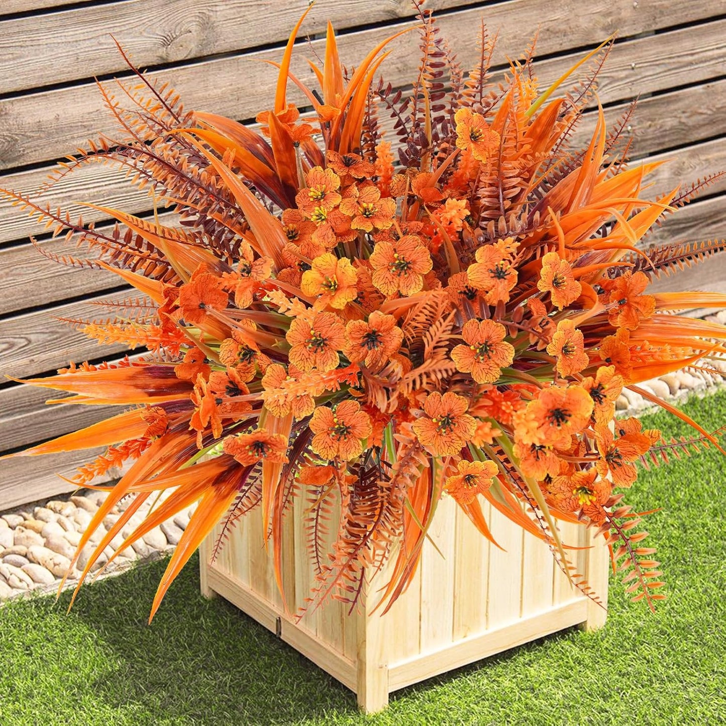 Faux Fall Flowers Outdoor, 16Pcs Artificial Fall Flowers UV Resistant Autumn Plastic Flowers Plants Fall Greenery Shrubs for Outside Porch Patio Garden House Thanksgiving Decor