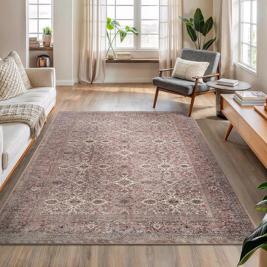 Bloom Rugs Washable Non-Slip 5' x 7' Rug - Beige Traditional Bordered Area Rug for Living Room, Bedroom, Dining Room, and Kitchen - Exact Size: 5' x 7'