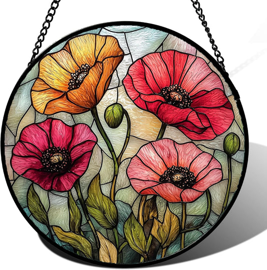 Stained Glass Suncatcher, Red Orange Poppy Flowers Sun Catcher Silver Background Wildflowers Window Hanging Decor Christmas Mother Birthday Gifts for Women Men Mom Nana 7.8 in