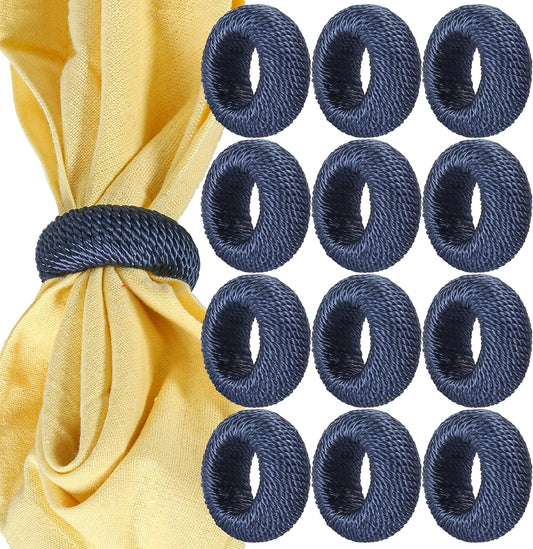 Rustic Napkin Rings Set of 12 - Rayon Napkin Holders for Table Decor, Weddings, Dinner Parties & Everyday Dining - Farmhouse Boho Napkin Rings (Blue) - CLEENTABLE