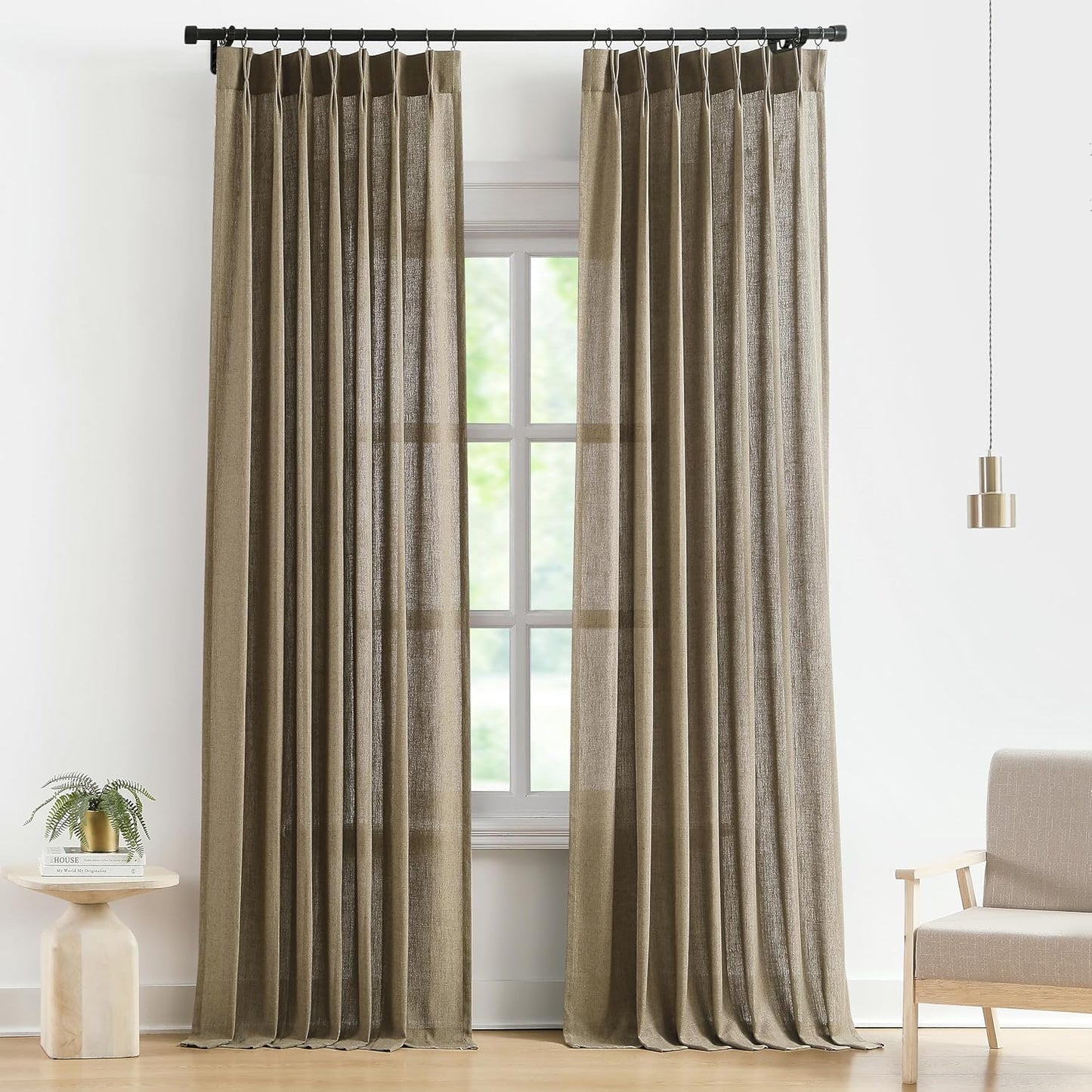 Vision Home Brown Pinch Pleated Semi Sheer Curtains Textured Linen Blended Light Filtering Window Curtains 112 inch for Living Room Bedroom Pinch Pleat Drapes with Hooks 2 Panels 40" Wx112 L