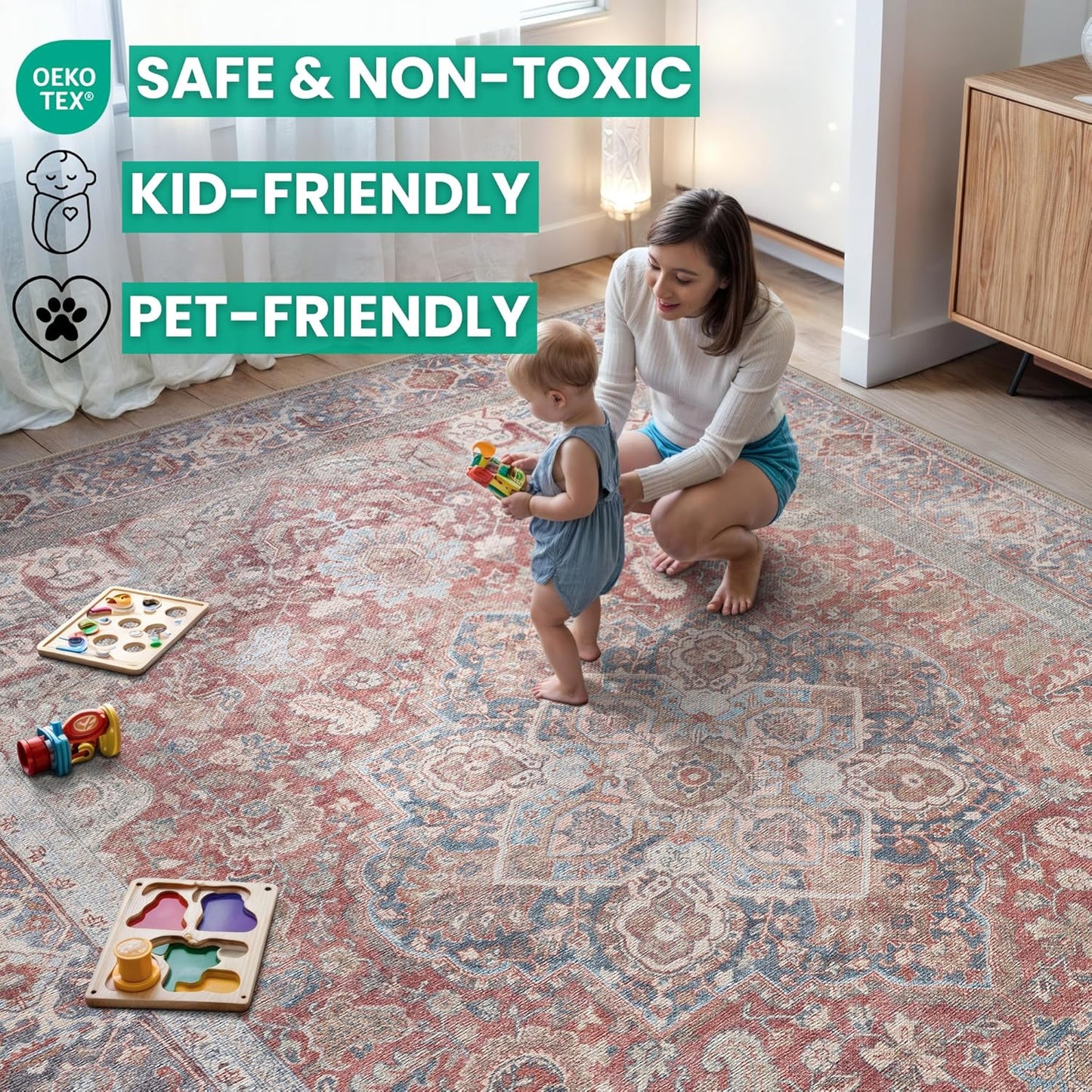 Bloom Rugs Washable Non-Slip 12 ft Runner - Red/Blue Traditional Medallion Runner for Entryway, Hallway, Bathroom, and Kitchen - Exact Size: 2.5' x 12'