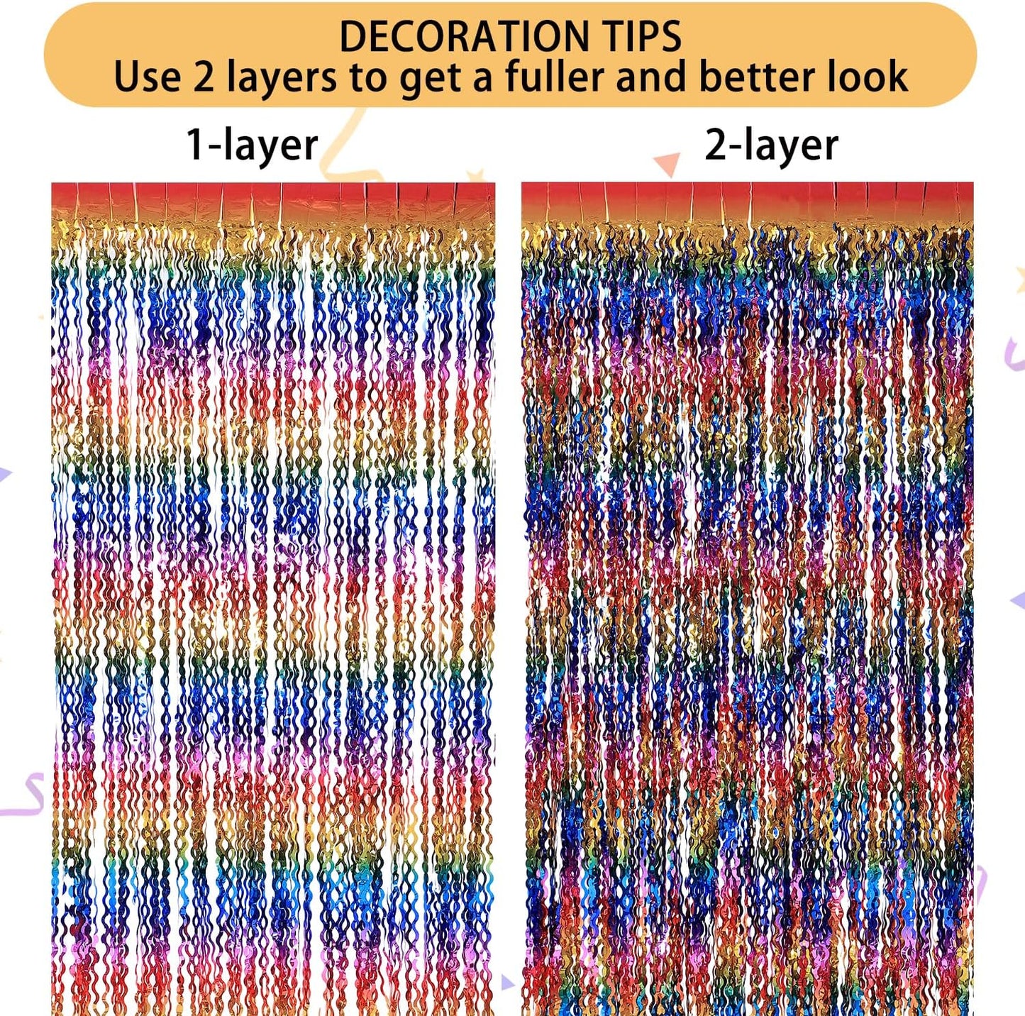 3 Pack Colorful Foil Fringe Curtain Backdrop - 6.6 x 3.3 ft Wavy Rainbow Tinsel Backdrop Curtain Metallic Streamers Iridescent Holiday Photo Booth Party Decorations