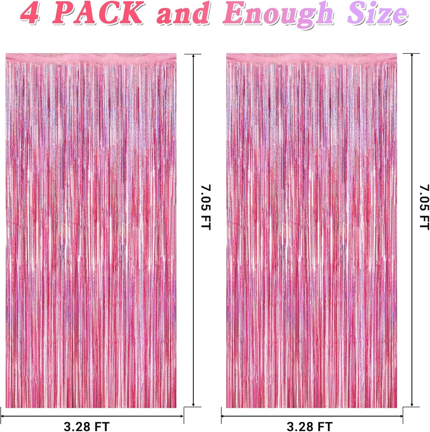 4 Pack Pink Backdrop, 3.28 FT x7.05 FT Foil Fringe Curtains, Metallic Glitter Pink Streamer Fringe Backdrop Foil Curtains, Laser Pink Birthday Party Decorations Bachelorette Decor