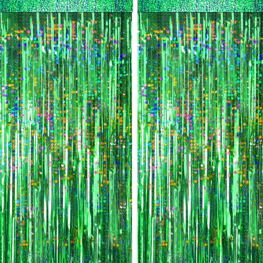 4 Packs Green Foil Fringe Curtain, Green Glitter Metallic Tinsel Backdrop for Birthday, Wedding, Baby Shower, Halloween, Christmas, Hawaiian Luau, Football, Dinosaur Jungle Party Decorations Supplies