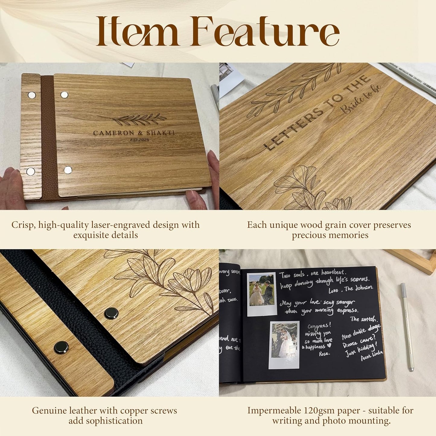 Wedding Guest Book, Custom Wooden Sign-in Book for Reception, Instant Photo Booth Album - Ideal for Wedding Album & Keepsake, Wedding Gift for Couple (A5-8.5 x 6 inch)