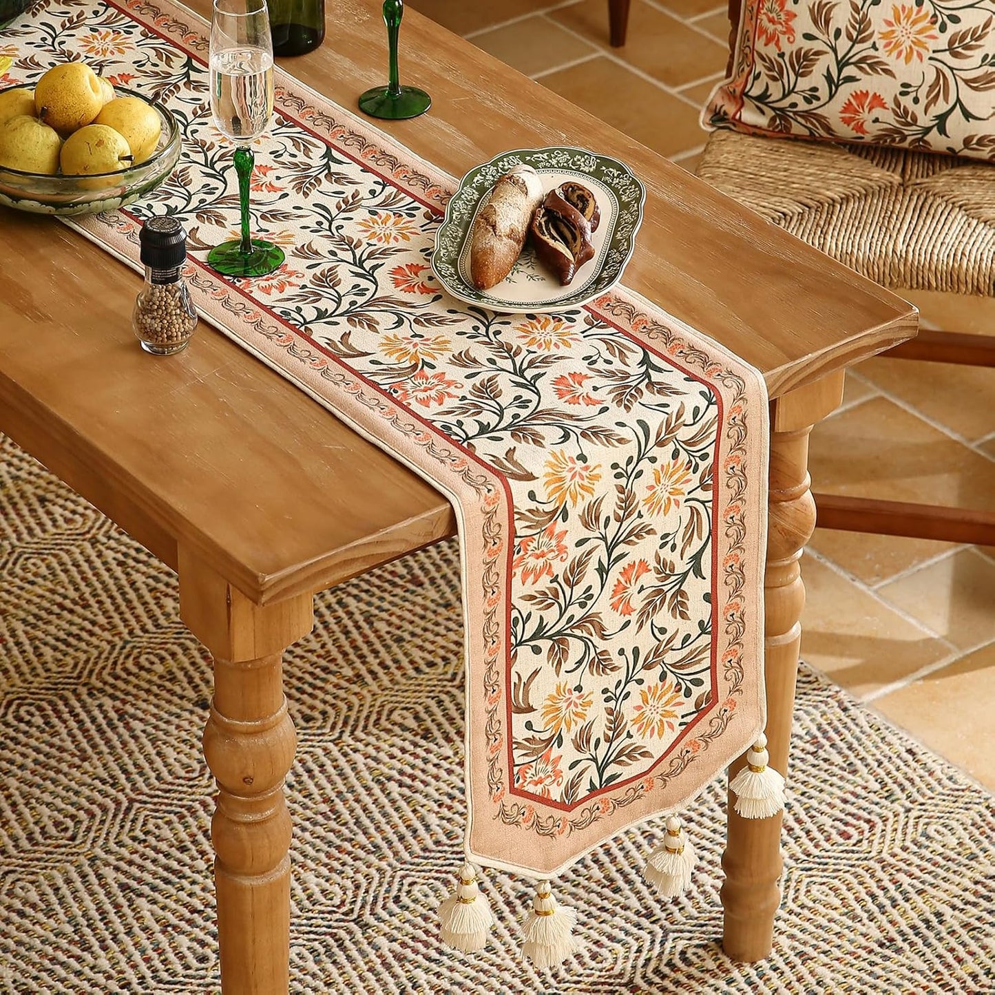 ISAENNE Designer French Elegant Linen Extra Long Table Runner 118 Inches,Farmhouse Lily Pattern Decor Table Runners for Dining Tables,Thanksgiving,Kitchen Tables,Christmas,12"*118"-Aurora A