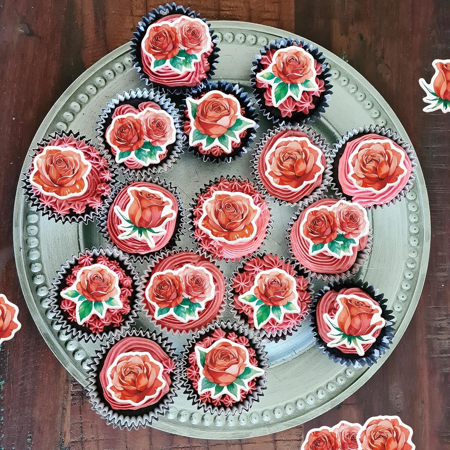 48PCS Edible Rose Flower Cupcake Toppers Wafer Paper Roses Decorations Flower Birthday Party Decorations Rose Cake Toppers for Wedding Engagement Birthday Party Cake Decor Supplies (Red)
