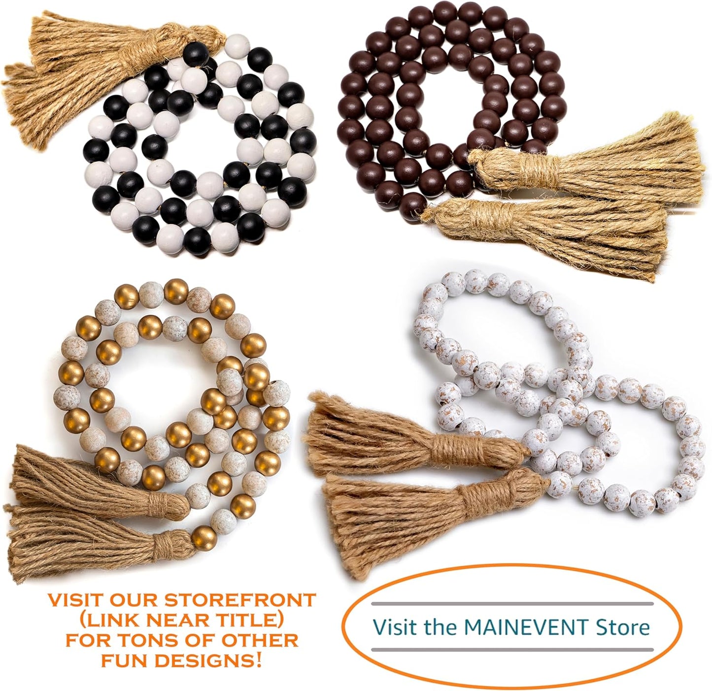 Farmhouse Wood Bead Garland Set of 2 with Tassels - Decorative Home Boho Beads