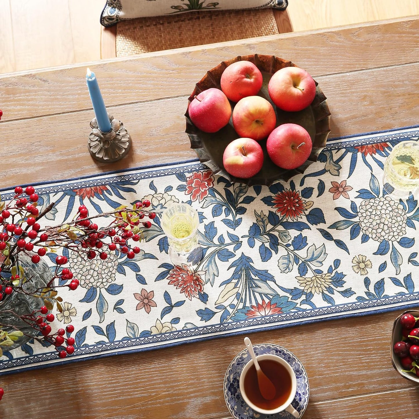 patdrea Designer Blue Cottage Rustic Floral Patterned Linen Table Runner 71 Inch Long,Wrinkle Resistant Table Mat,Decoration for Kitchen Dining and Coffee Tables Banquet Christmas , 12"x71"