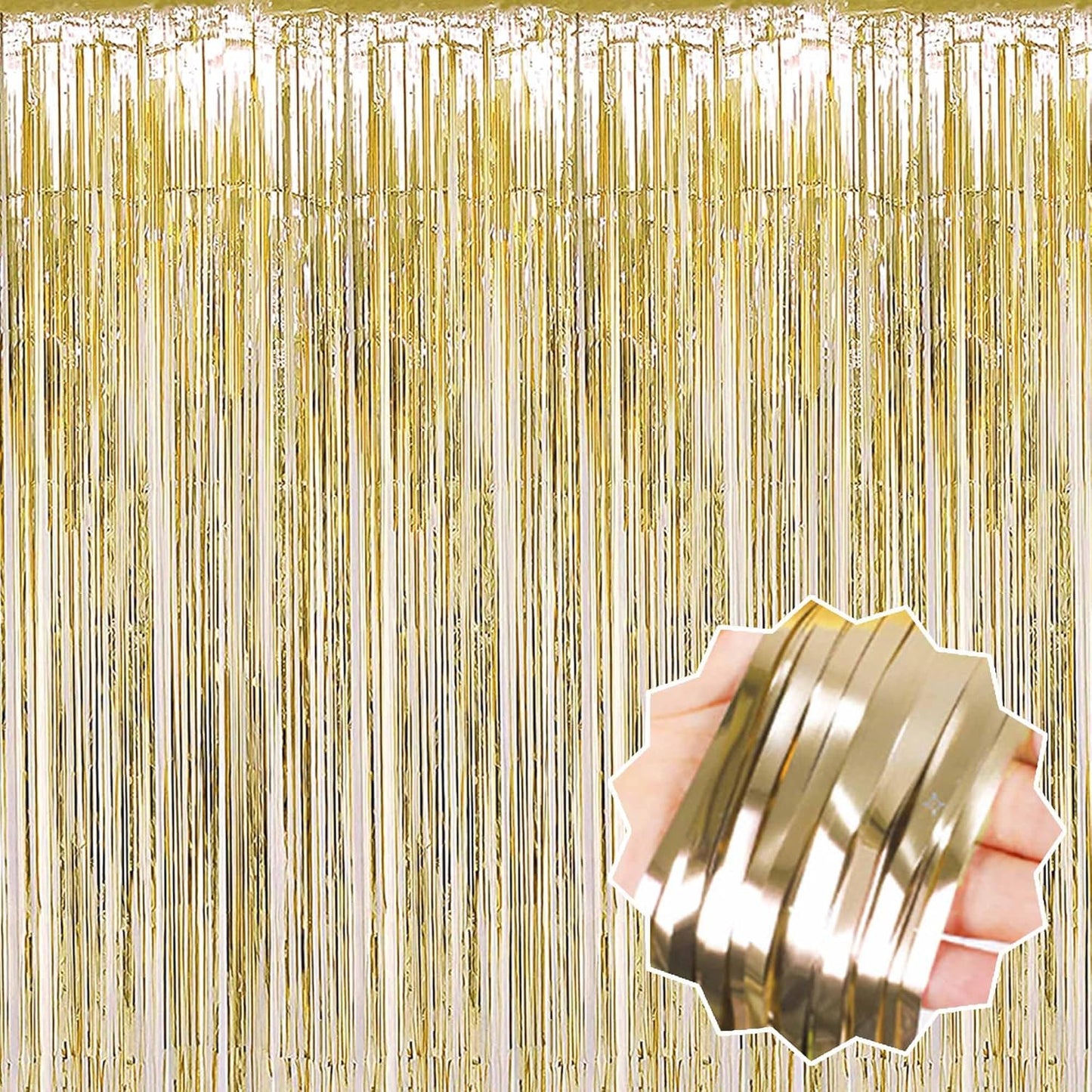 6 Pack Light Gold Foil Fringe Curtains Backdrop, 3.28 x 8.2 Ft Metallic Streamers Tinsel Curtains Background for Photo Booth, Birthday, Weddings, Carnivals, Graduation, Themed Party Decorations