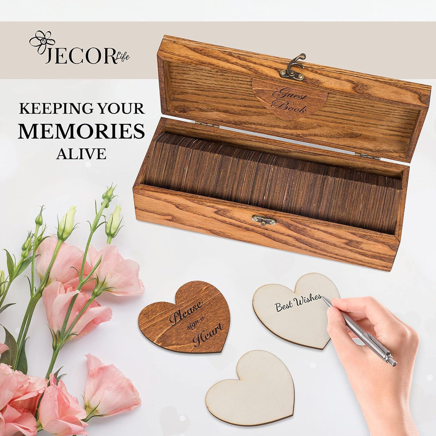 Jecor Wedding Guest Book Alternative with Sign - Guest Book Wedding Reception - Sign in Guest Book Alternatives - Rustic Wedding Decorations - Wedding Book - 98 Large Hearts & 2 Hearts Signs - Rustic