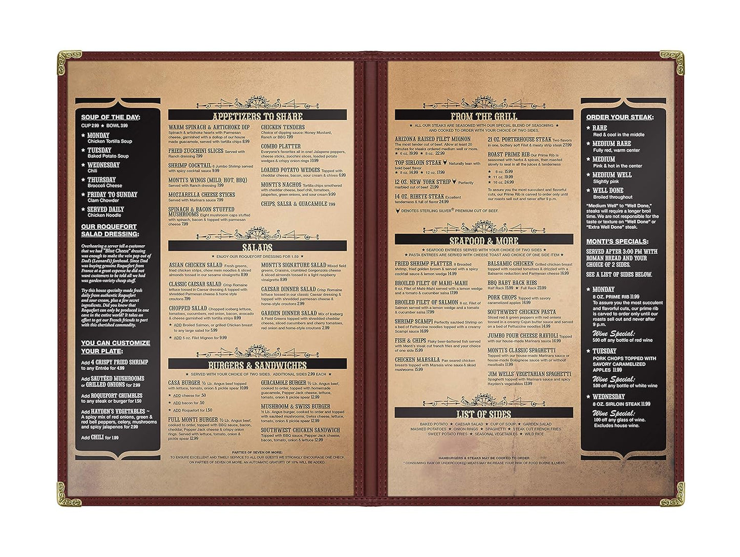 Goodsmart Restaurant Menu Covers – 25 Pack Burgundy 4-View 8.5" x 14", Side-Loading Vinyl & Plastic Menu Holders, Clear Menu Sleeves, Leather-Style Café Covers with Gold Corners