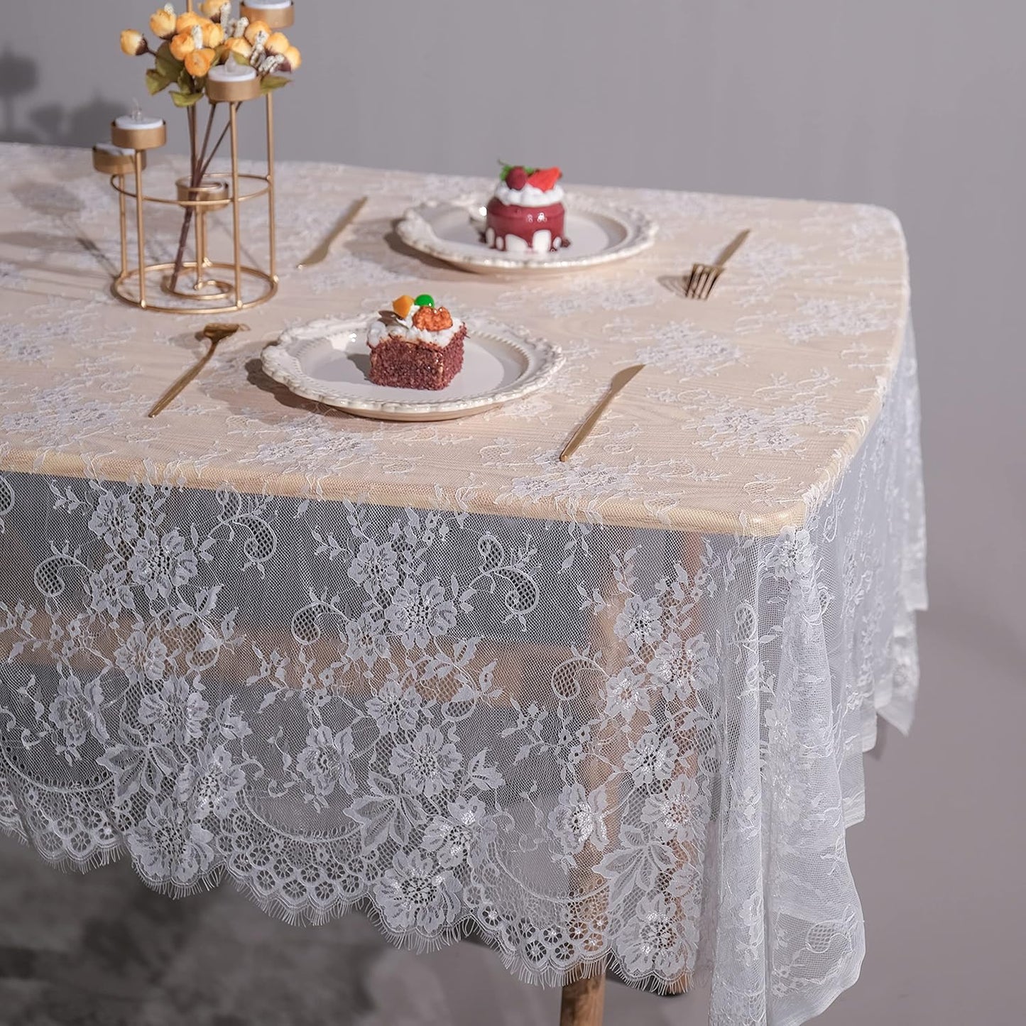 TINWIN Rectangle Lace Tablecloth 60x120 Inch White Vintage Runner Eyelash Fabric for Kitchen Dining Picnic Table Wedding Decor for Home Decoration Tea Party Decor-3