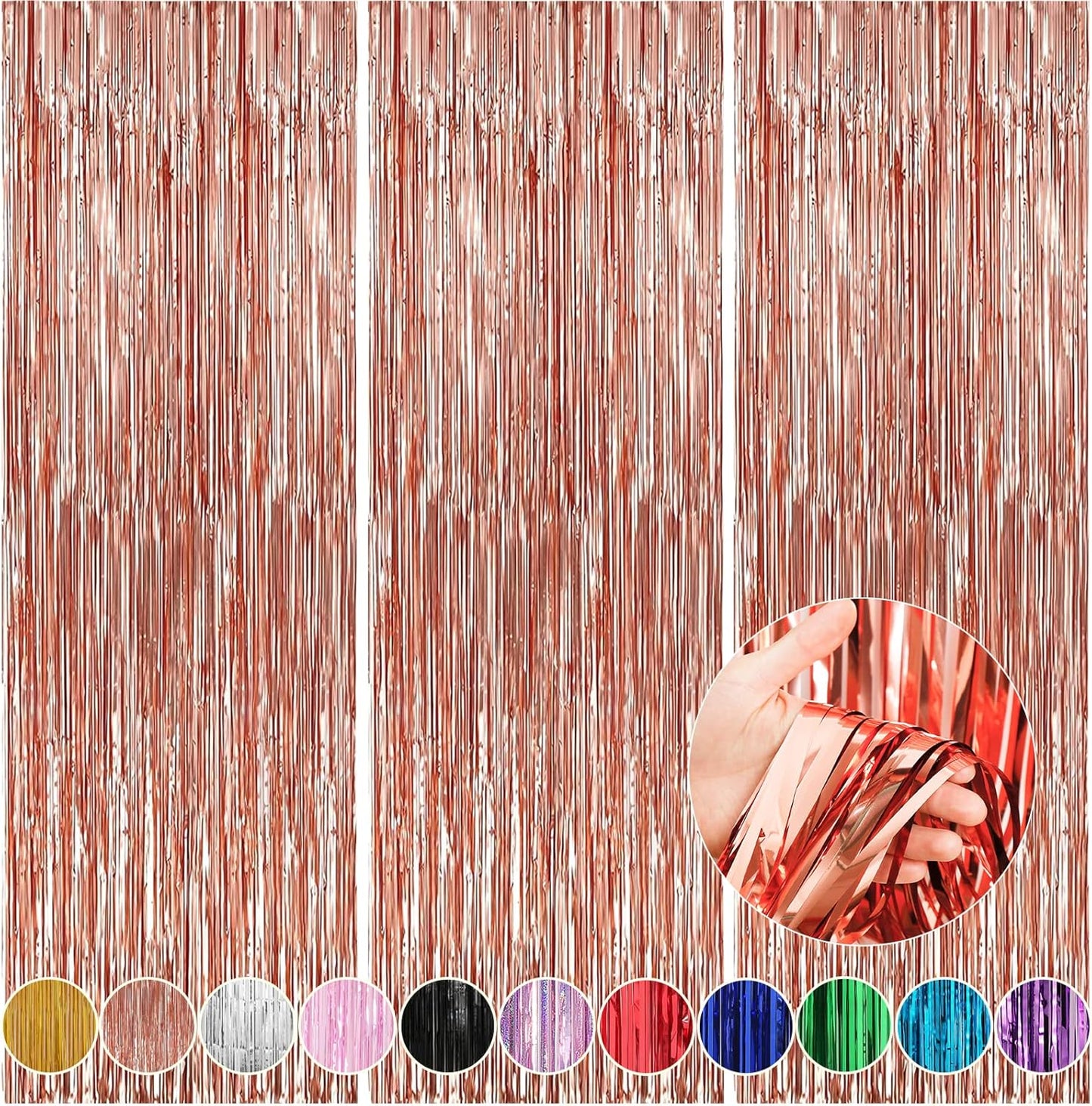 Crosize 3 Pack Rose Gold Foil Fringe Backdrop Curtains, 3.3 x 9.9 ft, Party Decorations