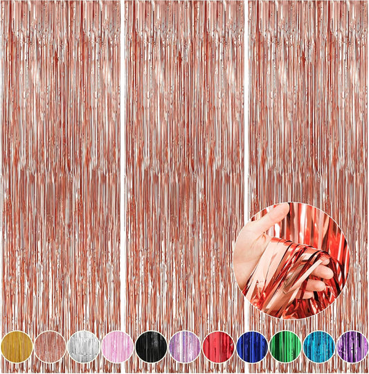 Crosize 3 Pack Rose Gold Foil Fringe Backdrop Curtains, 3.3 x 9.9 ft, Party Decorations