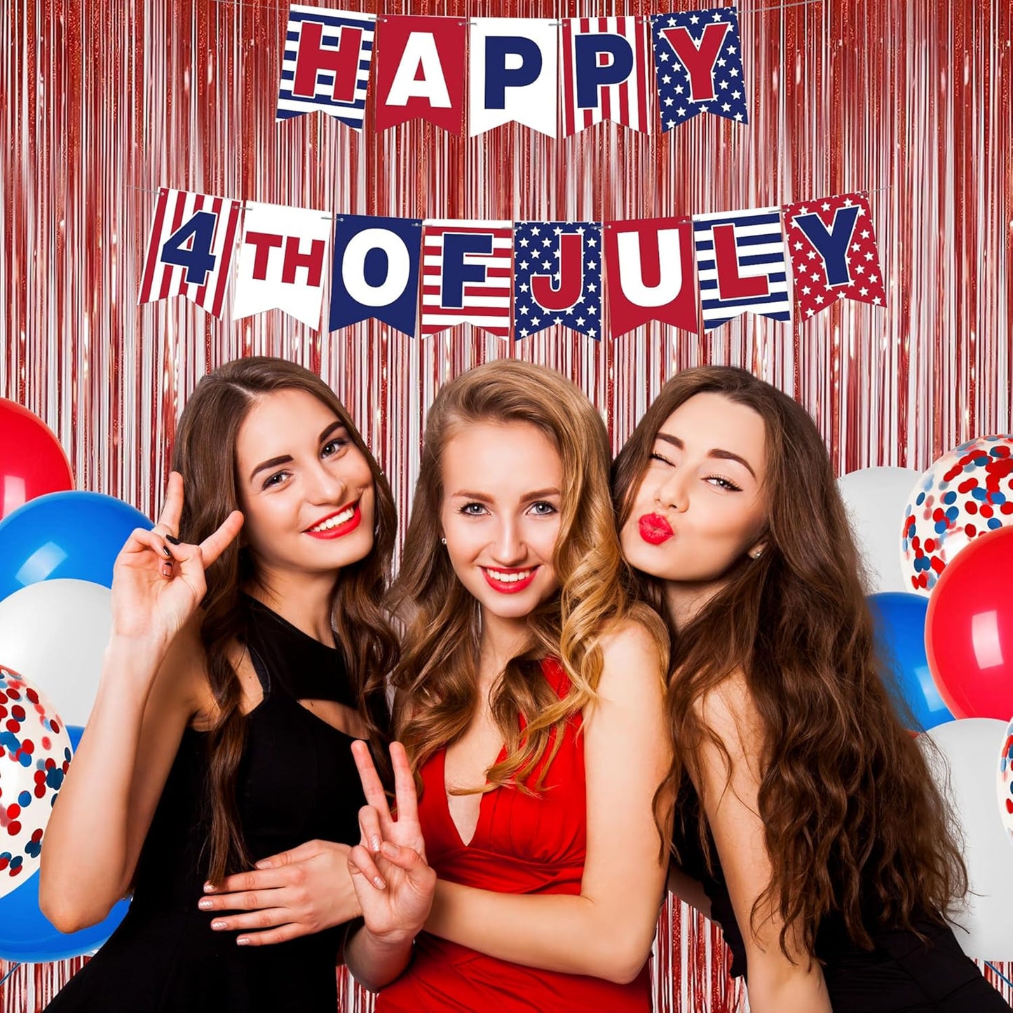 Melsan 2 Pack Red Tinsel Foil Fringe Curtains Backdrop, Sparkle Tinsel Backdrop Curtains for Fourth of July Patriotic Birthday Party Decorations