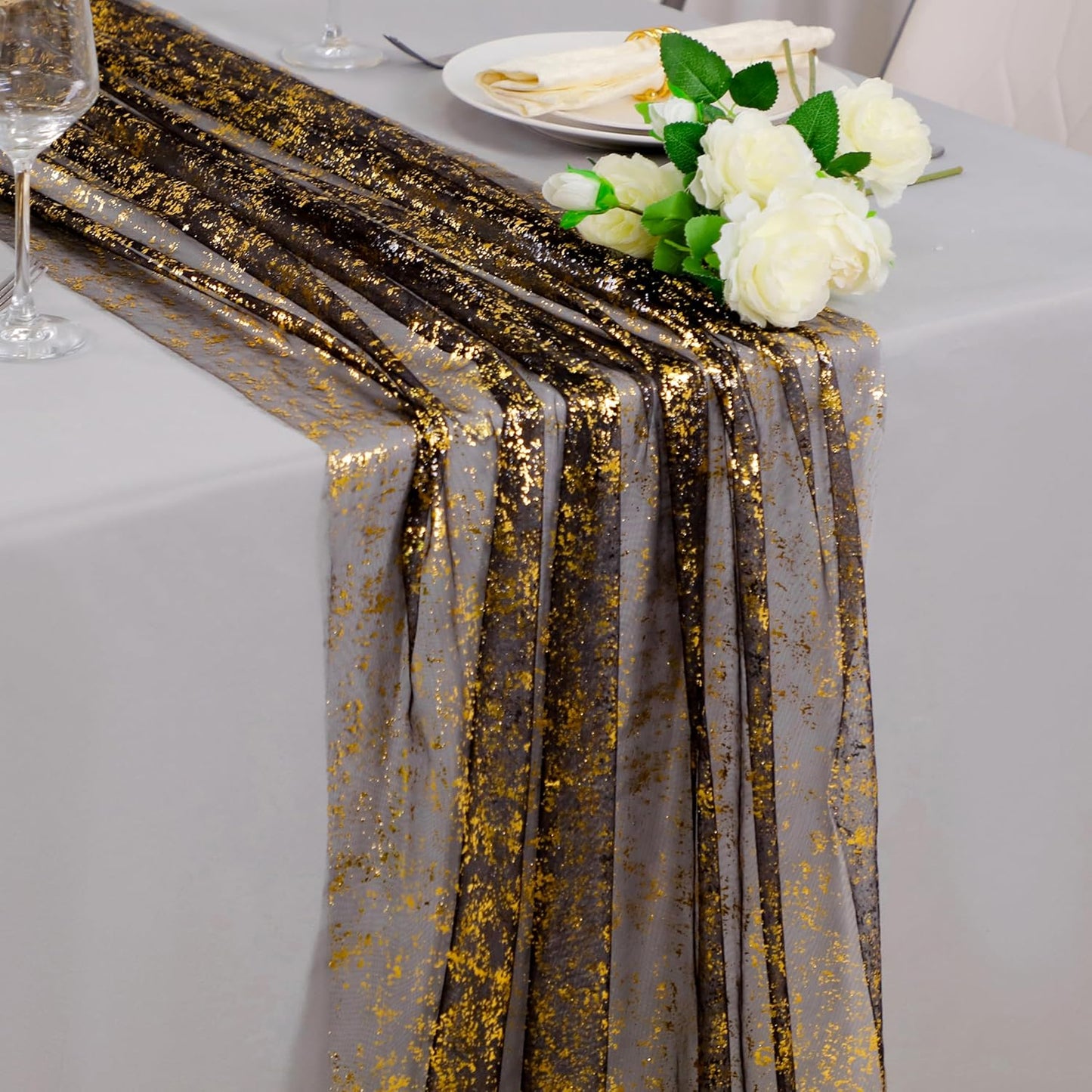 Snowkingdom 10 Pcs Black & Gold Cheesecloth Table Runner 10 FT, Sheer Chiffon Sparkle Gauze Mesh Runners 120 Inch, Glitter Table Centerpieces Decoration for Birthday Party Wedding Christmas Halloween
