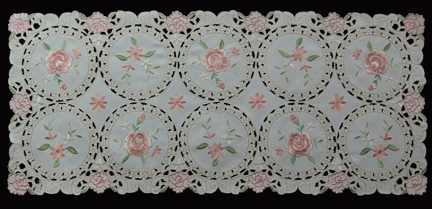 Creative Linens Embroidered Pink Rose Daisy Floral Table Runner Dresser Scarf 15x33 Ivory Spring