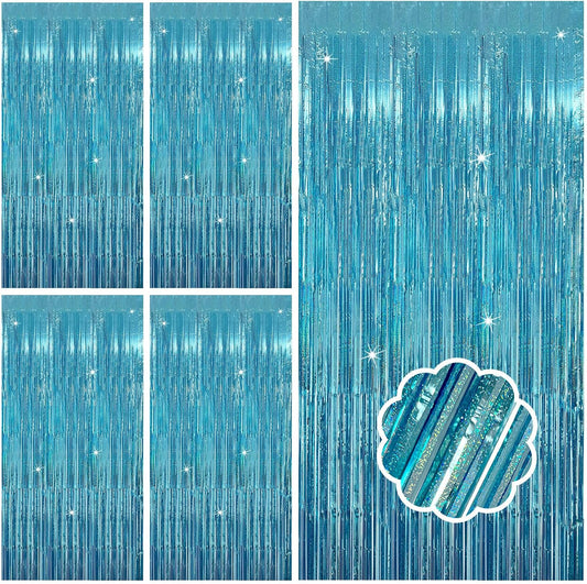 5 Pack Blue Tinsel Streamers Foil Fringe Curtains Backdrop for Baby Shower Graduation Gender Reveal Ocean Disco Theme Party Decorations