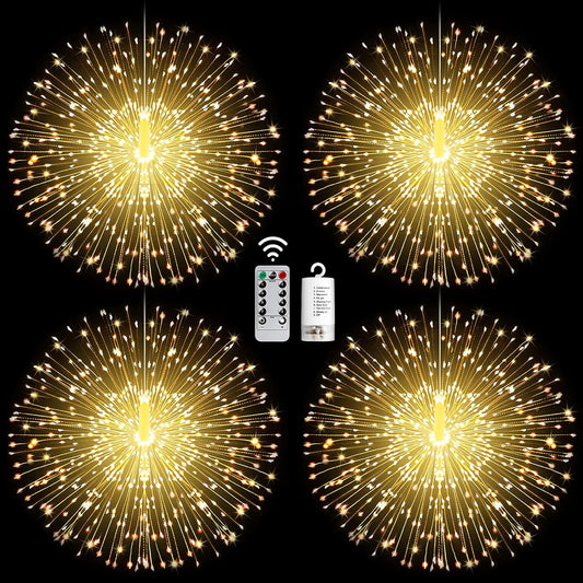 4 Pack String Lights - 225 LED 8 Modes Dimmable with Remote Control, Waterproof Copper Wire Decorative Hanging Bursting Star Lights for Party, Patio, Garden Decoration (Warm White)