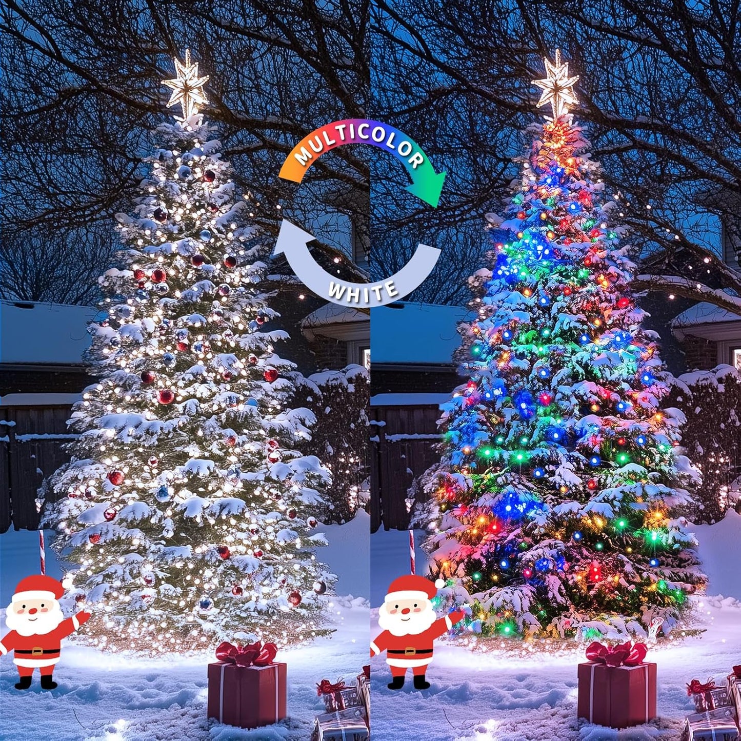 JMEXSUSS 2 Pack White & Multicolor Solar Christmas Lights Outdoor, Each 100 LED 33ft Solar Color Changing Lights Outdoor Waterproof for Christmas Tree Yard Decorations