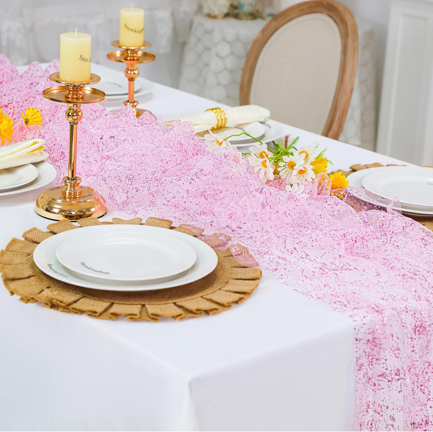 Snowkingdom 10 FT Pink Table Runner, Sequin Glitter Sheer Chiffon Gauze Cheesecloth Pastel Runner 120 Inch , Pink Party Table Decoration for Birthday Wedding Bridal Baby Shower Spring Summer Holiday