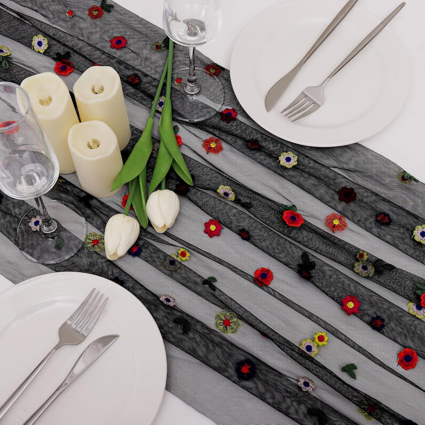 BINBE 3pcs Black Daisy Fall Table Runner Embroidery Gauze 10FT Florals Seasonal Tulle Holiday Birthday Kitchen Dining Table Decor for Home Party