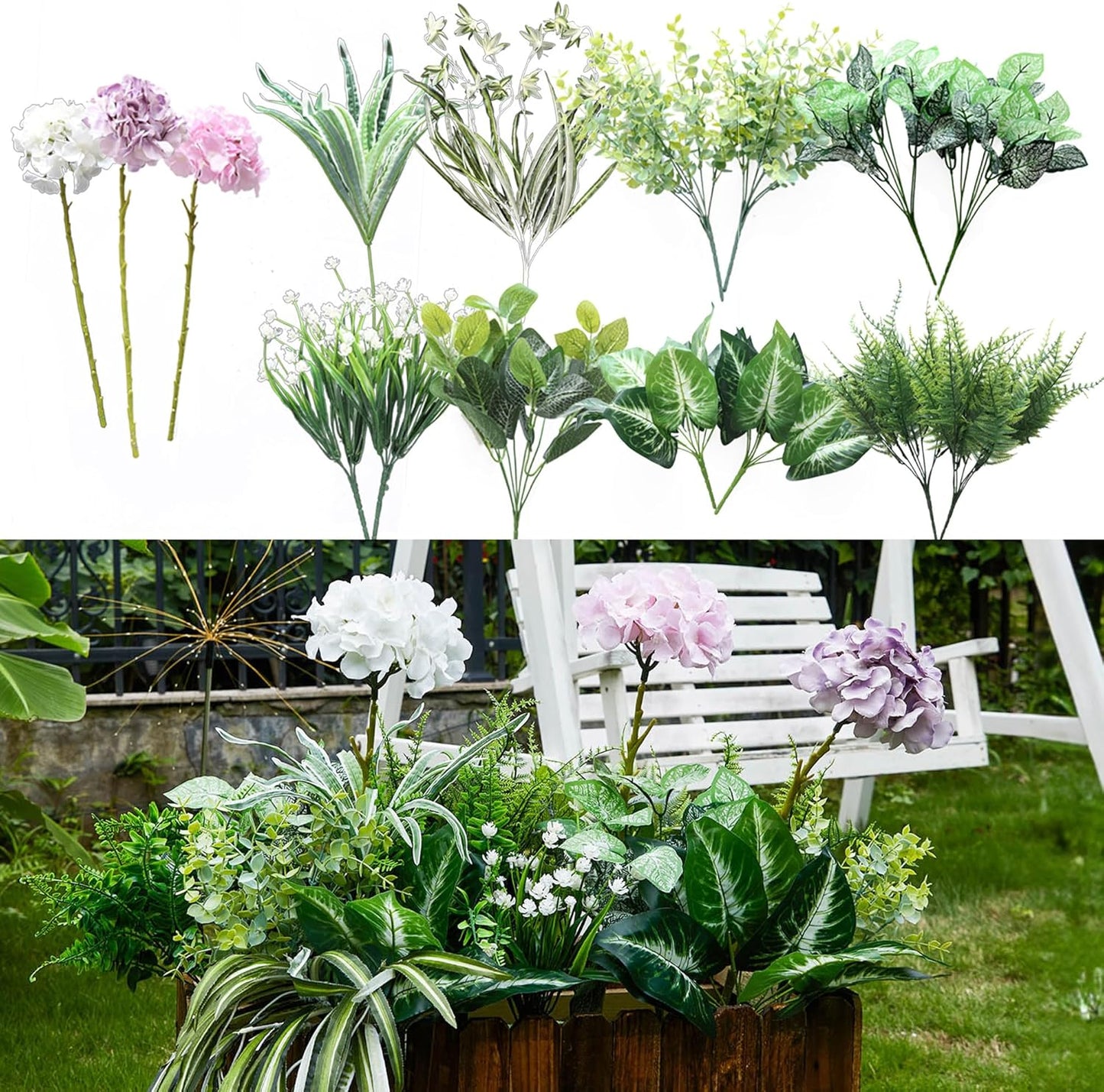 PARTY JOY 18 Bunches Fake Plants Outdoor, Fake Bushes UV Resistant Artificial Flowers Hydrangea Flowers Greenery Shrubs Faux Greenery for Outdoor Garden Patio Front Porch Yard Decor