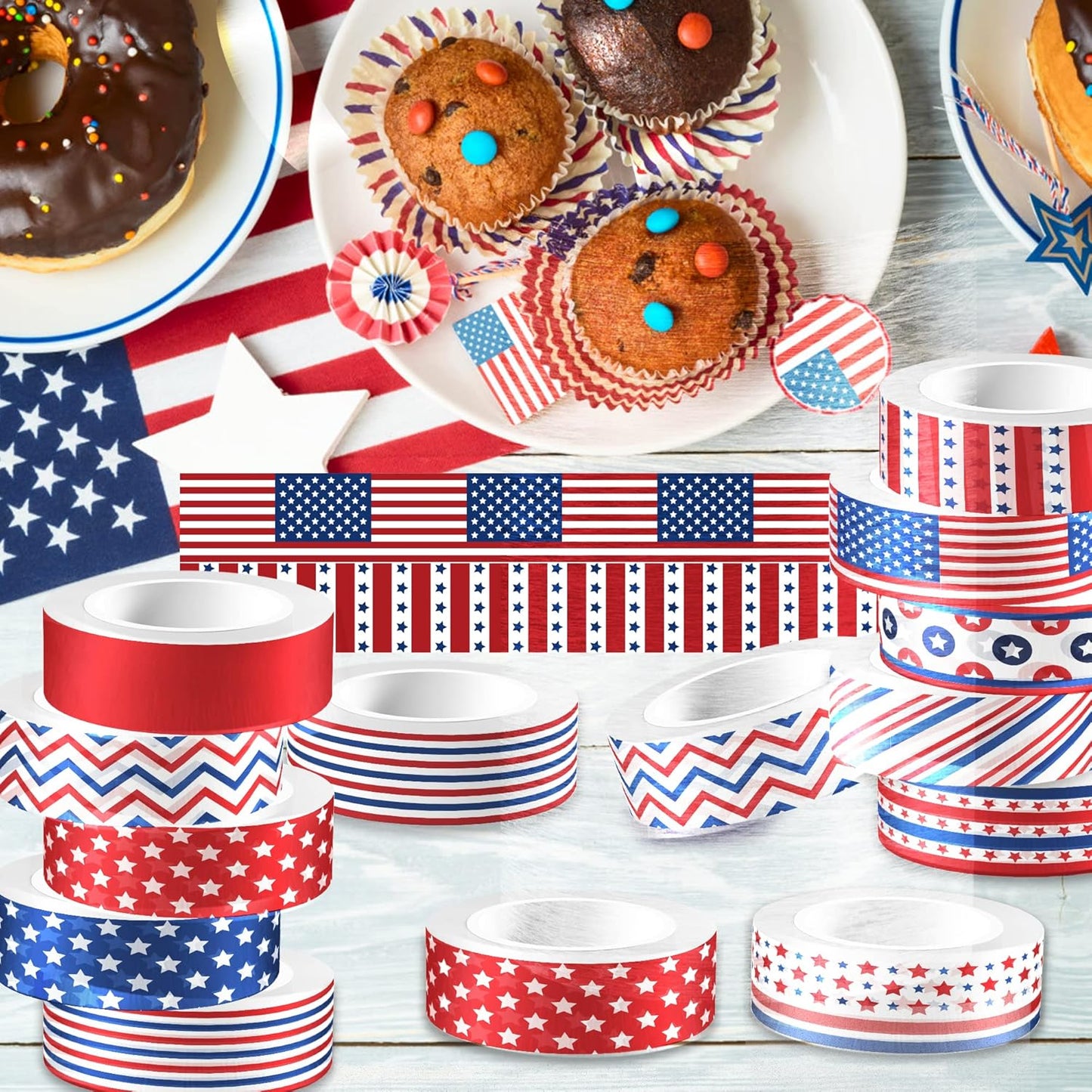 Adirasenotek Washi Tape 12 Rolls Patriotic Packing Tape American Flag Decorative Paper Stickers DIY Art Crafts