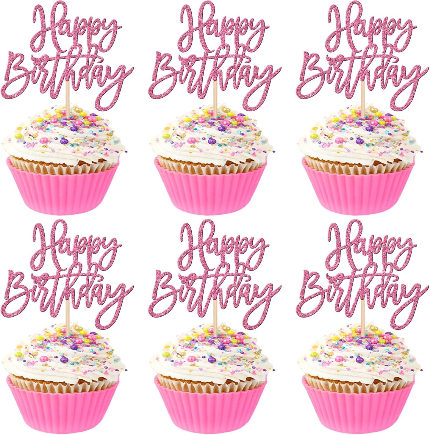 24 PCS Happy Birthday Cupcake Toppers Glitter Happy Birthday Cupcake Picks for Celebrating Happy Birthday Anniversary Theme Party Cake Decorations Supplies Pink