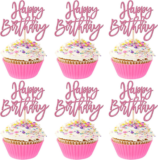 24 PCS Happy Birthday Cupcake Toppers Glitter Happy Birthday Cupcake Picks for Celebrating Happy Birthday Anniversary Theme Party Cake Decorations Supplies Pink