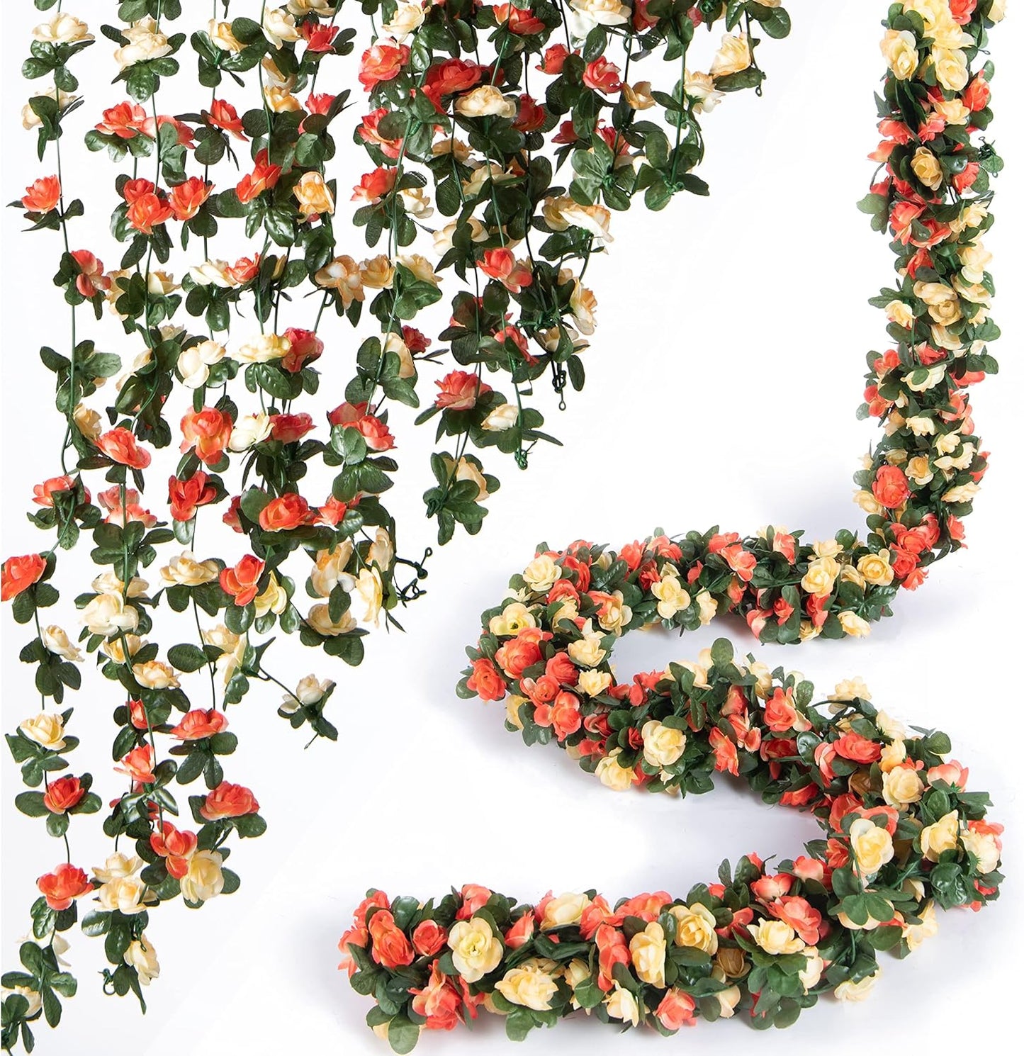 8 Pcs x 8.2 ft Flower Garland Artificial Rose Vine Flowers with Green Leaves Hanging Fake Roses Vine for Room Party Home Wedding Birthday Christmas Wall Arch Decor, Champagne Flower