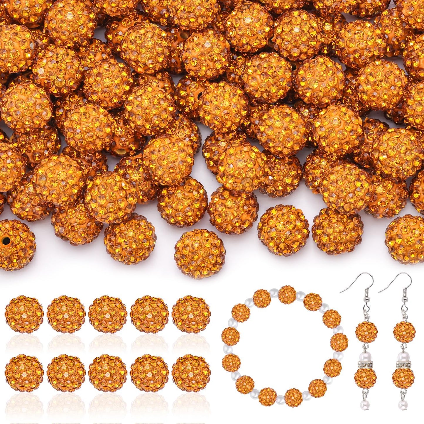 200pcs 10mm Rhinestone Beads for Jewelry Making, Golden Shiny Round Disco Ball Beads Bulk, Sparkle Crystal Clay Christmas for Bracelet Baseball Necklace Earring Crafting and DIY