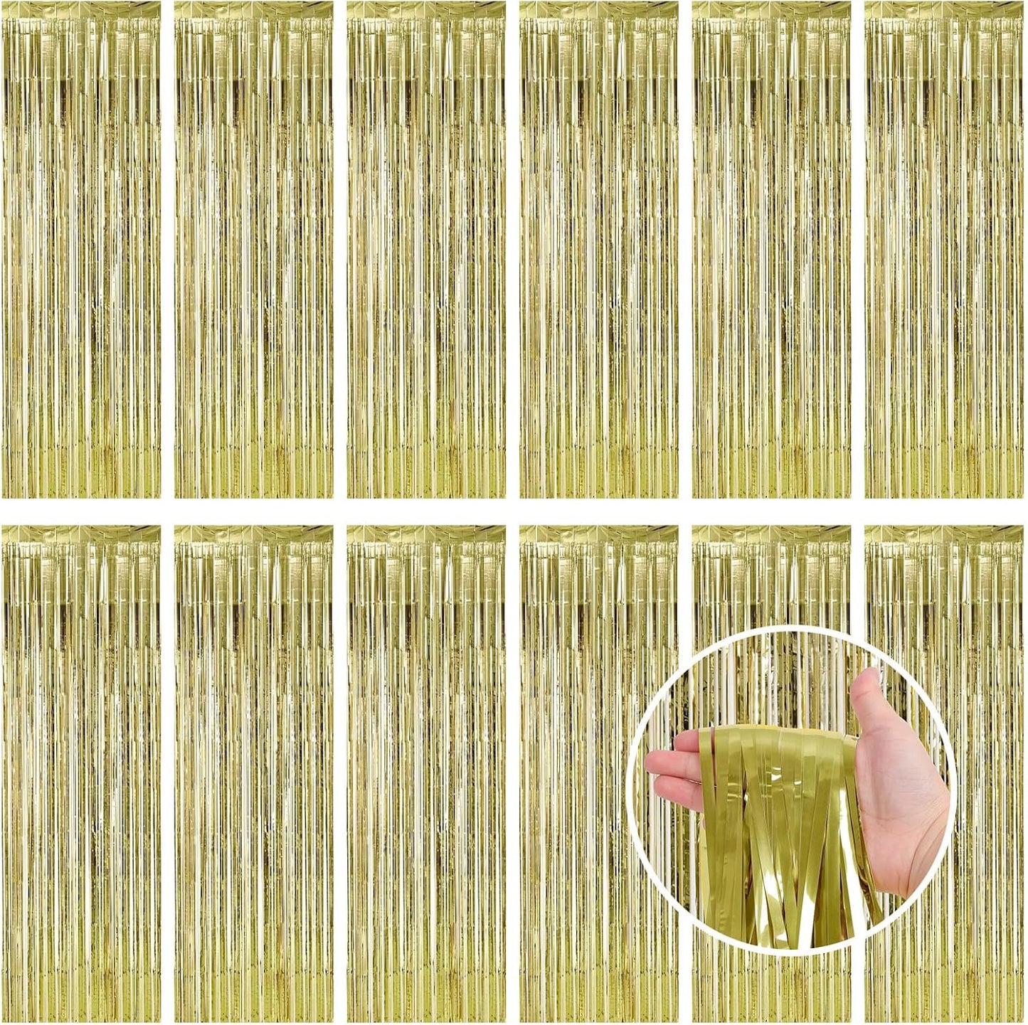 Light Gold Fringe Curtain Party Streamers, 12 Pack 3.3ft x 8.2 ft Foil Curtain Backdrop Tinsel Foil Fringe Curtains Photo Booth Backdrop Streamer for Birthday, Wedding, Baby Shower, Disco Party
