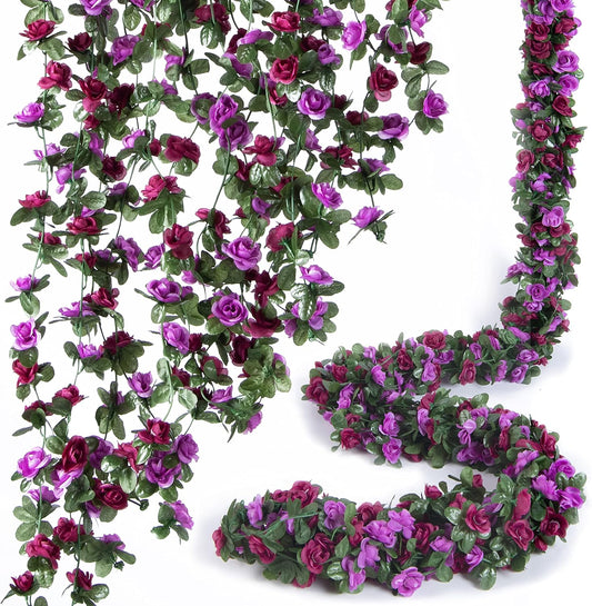 8 Pcs x 8.2 ft Flower Garland Artificial Rose Vine Flowers with Green Leaves Hanging Fake Roses Vine for Room Party Home Wedding Birthday Christmas Wall Arch Decor, Spring Purple Flower