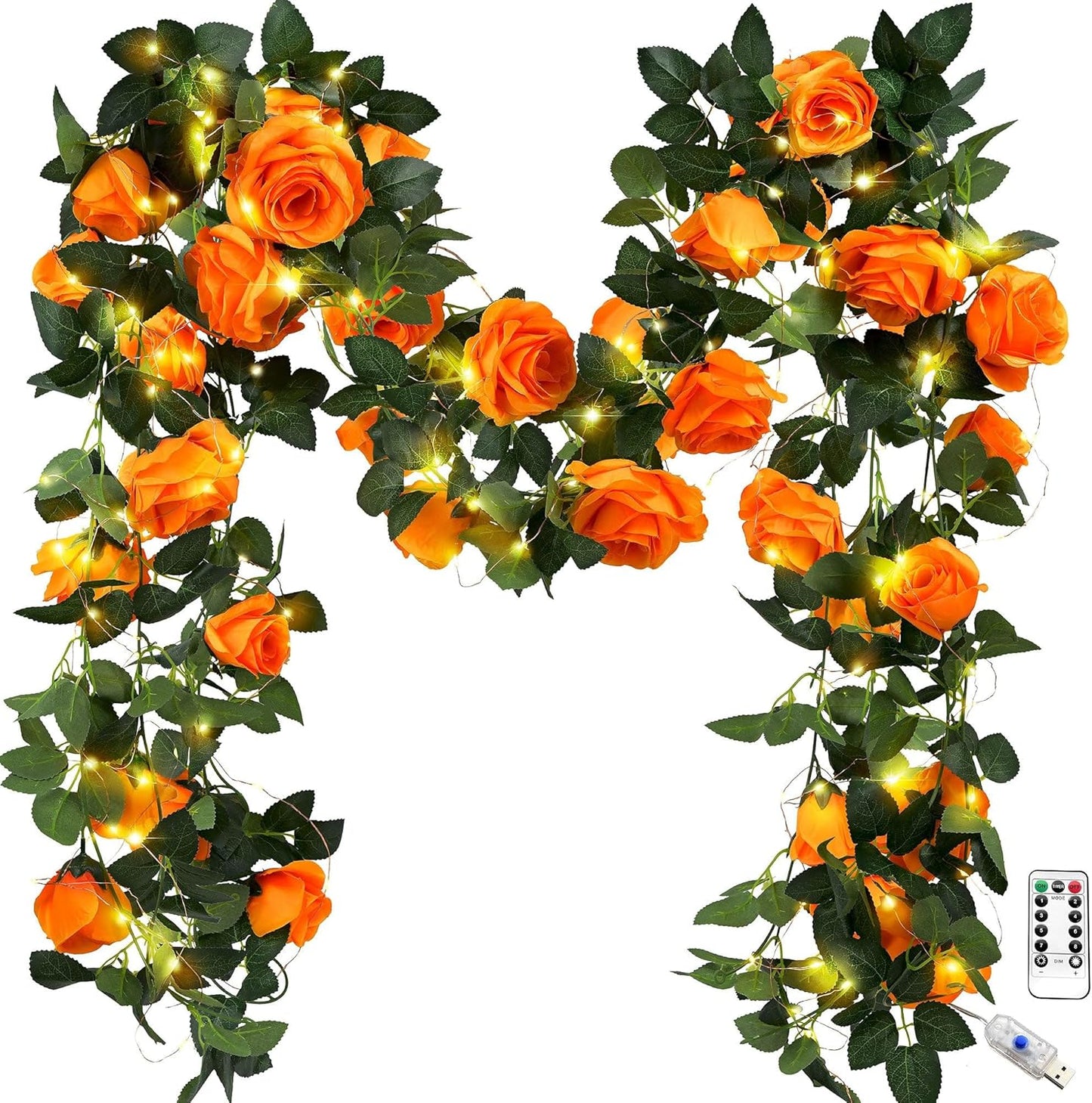 FiveSeasonStuff 29 Ft 4 Pack Mandarin Orange Rose Silk Flower Garland Artificial Flowers Decoration Hanging Floral with 66 feet String Lights