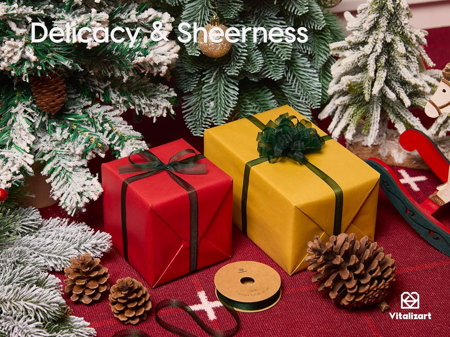 Vitalizart 3/8" x 30Yd Organza Ribbon Christmas Green Sheer Ribbons Set 10 Yd x 3 Rolls Handmade Eco-Friendly for Gift Wrapping Christmas Tree Crafts Bows Wedding Invitations Wreaths Wrap